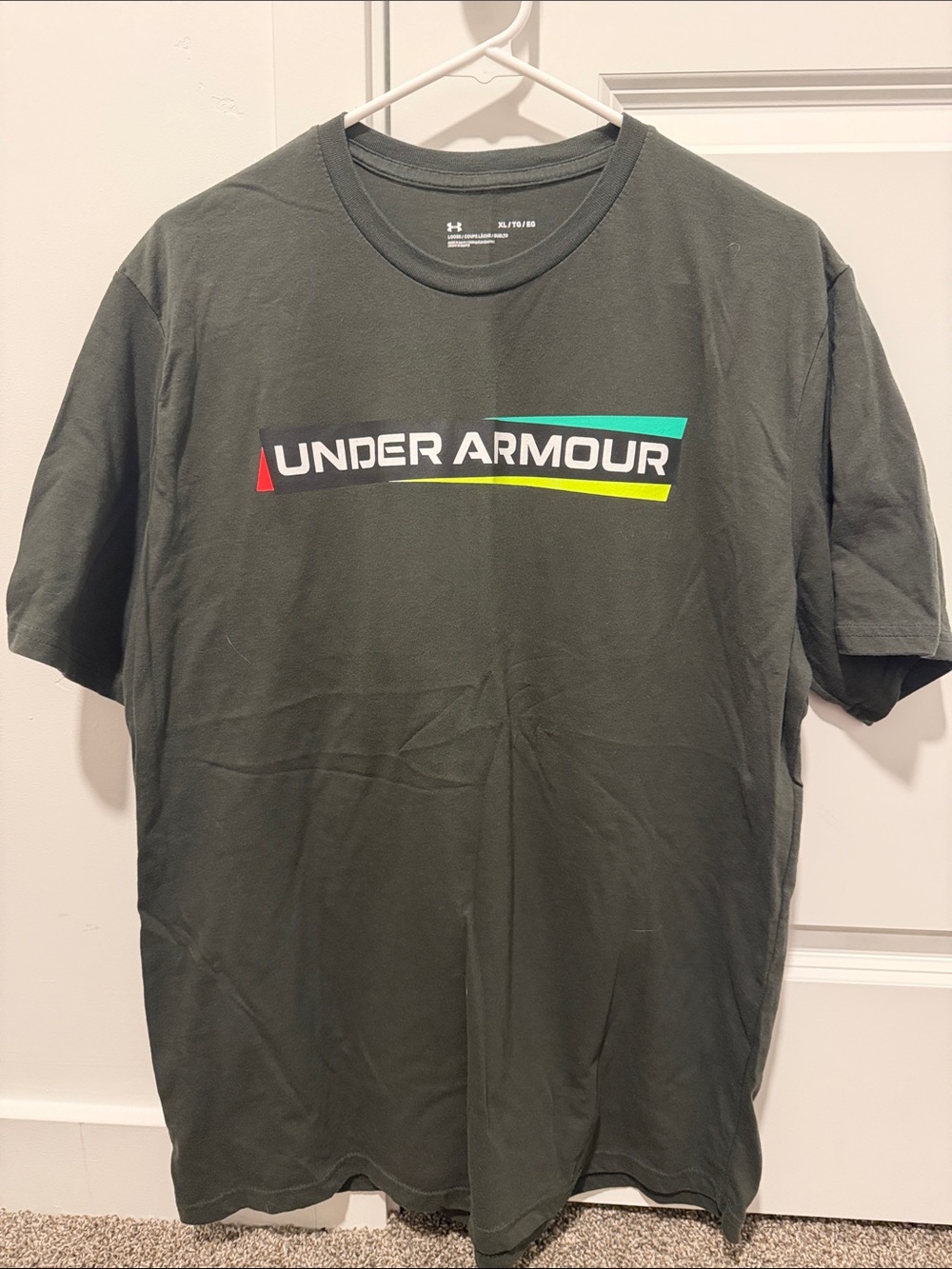 Under Armour Men's Olive Green Logo Tee with Multicolor Accents